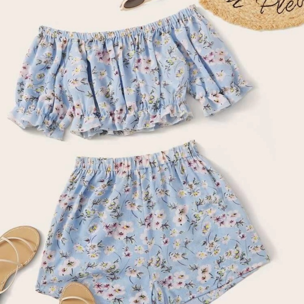 Blue floral off the shoulder crop top and shorts